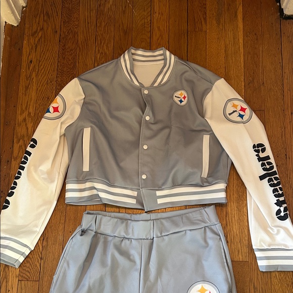 Pittsburgh Steelers Jogging Outfit Gray and White Sports Jacket and Pants Set - Picture 3 of 10